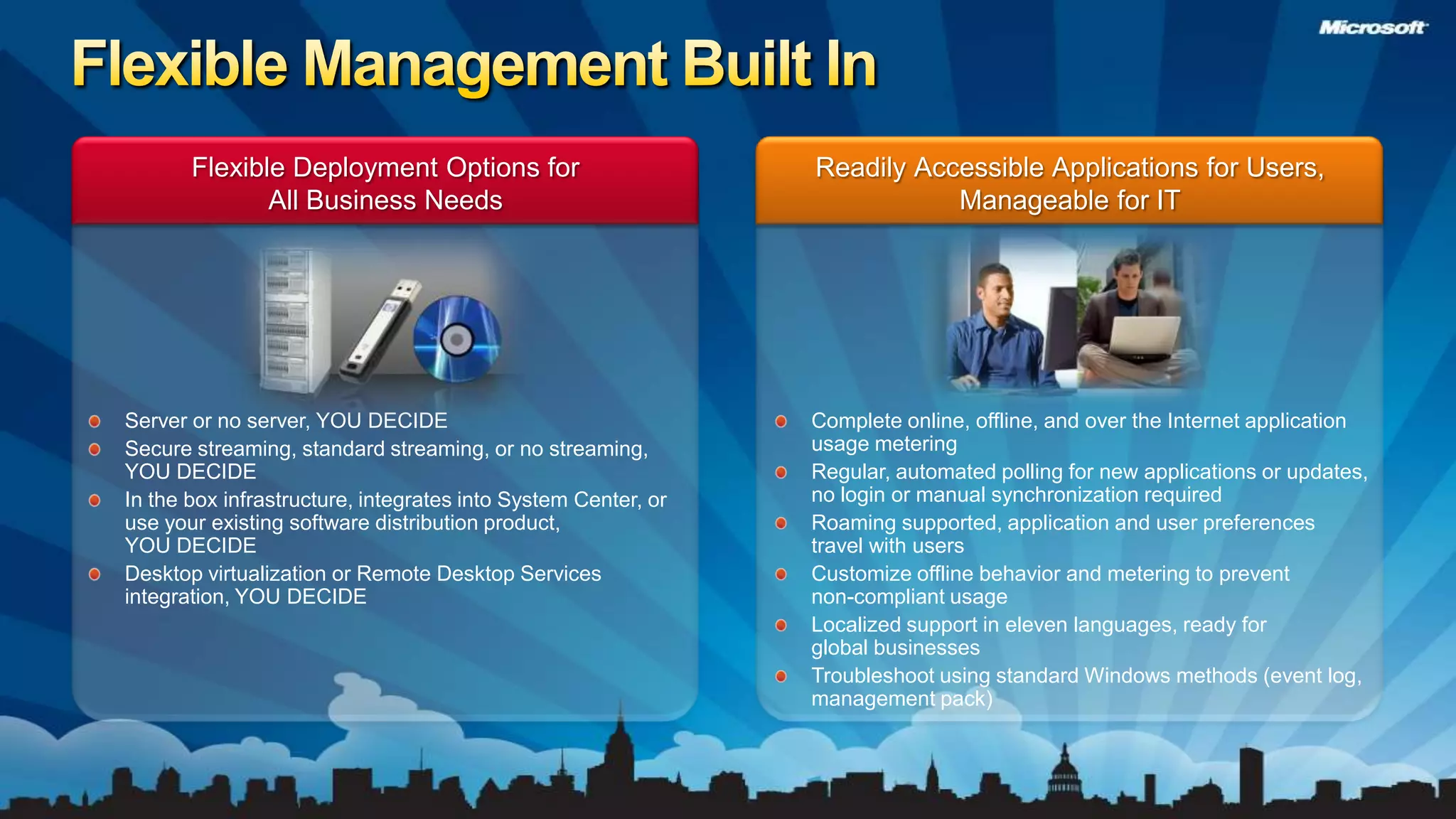 Flexible Deployment Options for All Business NeedsReadily Accessible Applications for Users, Manageable for ITServer or no server, YOU DECIDESecure streaming, standard streaming, or no streaming, YOU DECIDEIn the box infrastructure, integrates into System Center, or  use your existing software distribution product, YOU DECIDEDesktop virtualization or Remote Desktop Services integration, YOU DECIDEComplete online, offline, and over the Internet application usage meteringRegular, automated polling for new applications or updates,  no login or manual synchronization requiredRoaming supported, application and user preferences travel with users Customize offline behavior and metering to prevent non-compliant usage Localized support in eleven languages, ready for global businesses Troubleshoot using standard Windows methods (event log, management pack)Flexible Management Built In