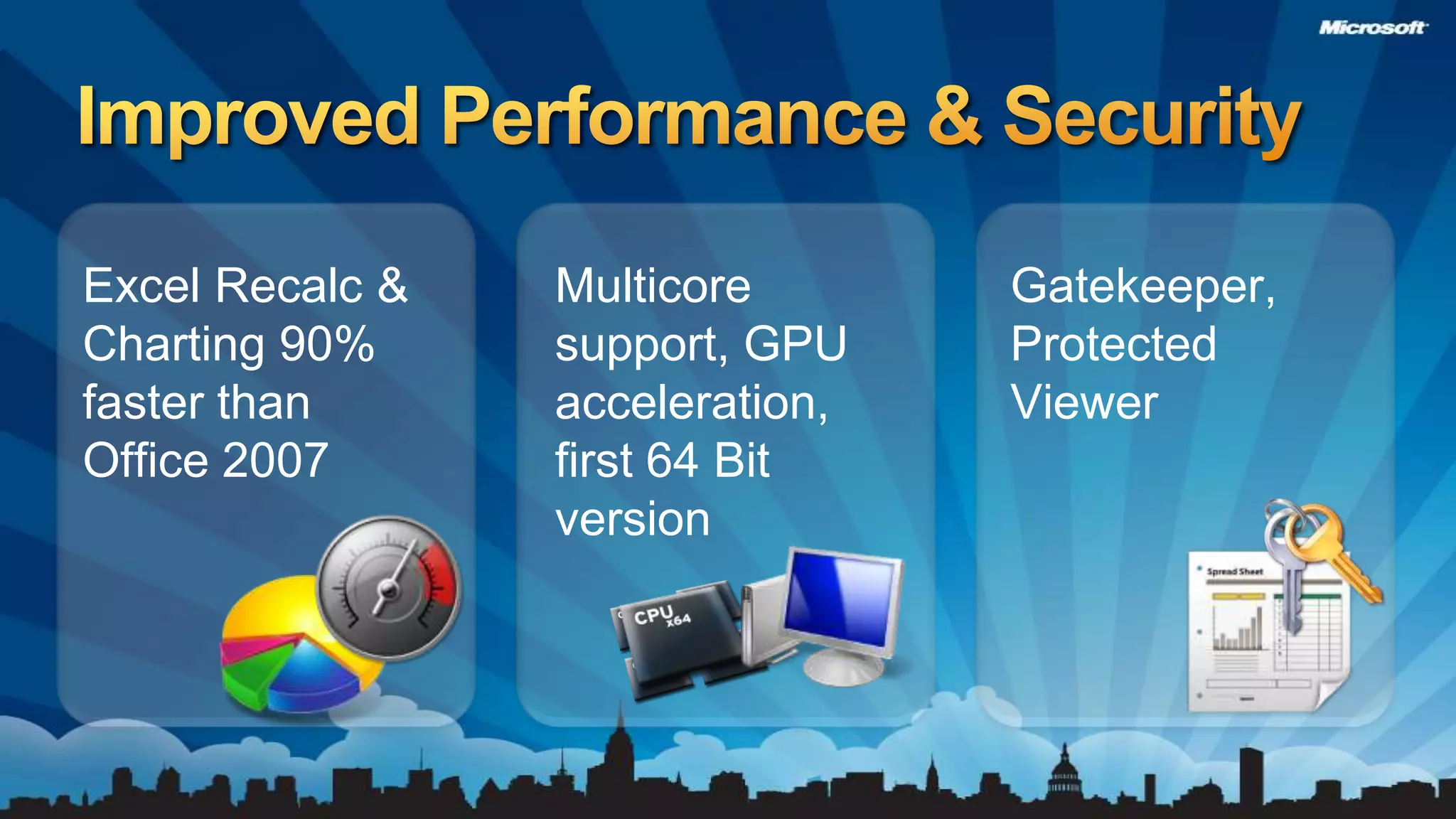 Improved Performance & SecurityExcel Recalc & Charting 90% faster than Office 2007Multicore support, GPU acceleration, first 64 Bit versionGatekeeper, Protected Viewer