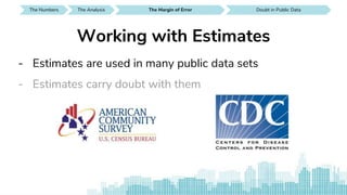 The Numbers SEE IT AROUND YOUThe Analysis Doubt in Public DataThe Analysis
- Estimates are used in many public data sets
- Estimates carry doubt with them
Working with Estimates
Doubt in Public Data Doubt in Public DataThe Margin of Error
 