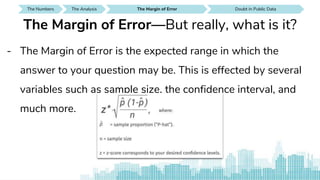 The Numbers SEE IT AROUND YOUThe Analysis Doubt in Public DataThe Analysis
- The Margin of Error is the expected range in which the
answer to your question may be. This is effected by several
variables such as sample size, the confidence interval, and
much more.
SEE IT AROUND YOUDoubt in Public Data SEE IT AROUND YOUDoubt in Public DataThe Margin of Error
The Margin of Error—But really, what is it?
 