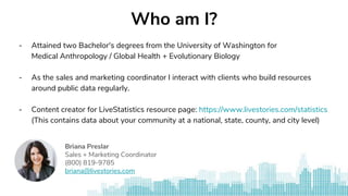 Who am I?
- Attained two Bachelor's degrees from the University of Washington for
Medical Anthropology / Global Health + Evolutionary Biology
- As the sales and marketing coordinator I interact with clients who build resources
around public data regularly.
- Content creator for LiveStatistics resource page: https://www.livestories.com/statistics
(This contains data about your community at a national, state, county, and city level)
Briana Preslar
Sales + Marketing Coordinator
(800) 819-9785
briana@livestories.com
 