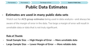 The Numbers SEE IT AROUND YOUThe Analysis Doubt in Public DataThe Analysis
- Estimates are used in many public data sets
SEE IT AROUND YOUDoubt in Public Data SEE IT AROUND YOUDoubt in Public DataThe Margin of Error
Public Data Estimates
Watch out for ACS group estimates being used in data analysis—and always be
aware of the margin of error in the data. Too large a margin of error will result in
unreliable data or data that is not truly significant.
Rule of Thumb:
- Small Sample Size → High Margin of Error → More unreliable data
- Large Sample Size → Lower Margin of Error → More reliable data
 