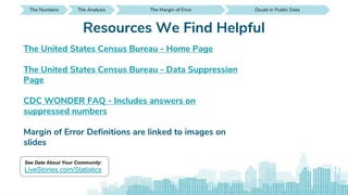 Resources We Find Helpful
The United States Census Bureau - Home Page
The United States Census Bureau - Data Suppression
Page
CDC WONDER FAQ - Includes answers on
suppressed numbers
Margin of Error Definitions are linked to images on
slides
See Data About Your Community:
LiveStories.com/Statistics
The Numbers SEE IT AROUND YOUThe Analysis Doubt in Public DataThe Analysis SEE IT AROUND YOUDoubt in Public DataThe Margin of Error SEE IT AROUND YOUDoubt in Public Data SEE IT AROUND YOUDoubt in Public DataThe Margin of Error
 