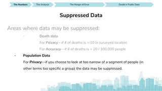 The Numbers SEE IT AROUND YOUThe Analysis The Margin of Error Doubt in Public DataThe Analysis
Suppressed Data
Areas where data may be suppressed:
- Death data
For Privacy—if # of deaths is > 10 in surveyed location
For Accuracy—if # of deaths is > 20 / 100,000 people
- Population Data
For Privacy—if you choose to look at too narrow of a segment of people (in
other terms too specific a group) the data may be suppressed.
 