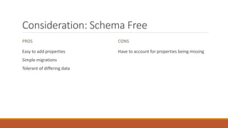 Consideration: Schema Free
PROS
Easy to add properties
Simple migrations
Tolerant of differing data
CONS
Have to account for properties being missing
 