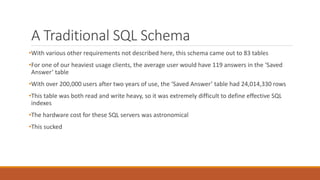 A Traditional SQL Schema
•With various other requirements not described here, this schema came out to 83 tables
•For one of our heaviest usage clients, the average user would have 119 answers in the ‘Saved
Answer’ table
•With over 200,000 users after two years of use, the ‘Saved Answer’ table had 24,014,330 rows
•This table was both read and write heavy, so it was extremely difficult to define effective SQL
indexes
•The hardware cost for these SQL servers was astronomical
•This sucked
 