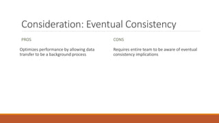 Consideration: Eventual Consistency
PROS
Optimizes performance by allowing data
transfer to be a background process
CONS
Requires entire team to be aware of eventual
consistency implications
 