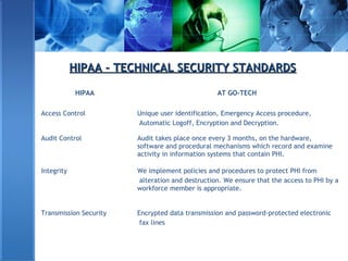 HIPAA – TECHNICAL SECURITY STANDARDSHIPAA – TECHNICAL SECURITY STANDARDS
HIPAA AT GO-TECH
Access Control Unique user identification, Emergency Access procedure,
Automatic Logoff, Encryption and Decryption.
Audit Control Audit takes place once every 3 months, on the hardware,
software and procedural mechanisms which record and examine
activity in information systems that contain PHI.
Integrity We implement policies and procedures to protect PHI from
alteration and destruction. We ensure that the access to PHI by a
workforce member is appropriate.
Transmission Security Encrypted data transmission and password-protected electronic
fax lines
 