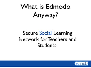 What is Edmodo
  Anyway?

 Secure Social Learning
Network for Teachers and
       Students.
 