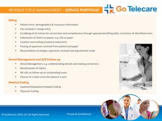 5© GoTelecare 2014-15| All Rights Reserved Private & Confidential
REVENUE CYCLE MANAGEMENT – SERVICE PORTFOLIO
Billing
 Patient entry demographics & insurance information
 Fee schedule / charge entry
 Scrubbing of all entries for correctness and completeness through appropriate billing edits; correction of identified errors
 Submission of claims to payers, e.g. EDI or paper
 Creation and mailing of patient statements
 Posting of payments received from patient and payer
 Reconciliation of charges, payments received and adjustments made
Denial Management and A/R Follow-up
 Denial Management, e.g. understanding denials and making corrections
 Resubmission of claims
 AR calls as follow-up on outstanding issues
 Closure of a claim once the balance is zero
Medical Coding
 Inpatient/Outpatient Hospital Coding
 Physician Coding
 