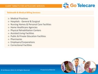 Telehealth & Medical Billing Services:
16© GoTelecare 2014-15| All Rights Reserved Private & Confidential
CLIENT TARGETS FOR GOTELECARE SERVICES
→ Medical Practices
→ Hospitals - General & Surgical
→ Nursing Homes & Personal Care Facilities
→ Home Healthcare Agencies
→ Physical Rehabilitation Centers
→ Assisted Living Facilities
→ Public & Private Education Facilities
→ Pharmacies
→ Employers/Corporations
→ Correctional Facilities
 
