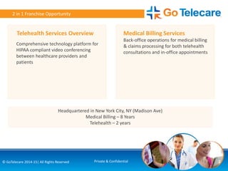 2© GoTelecare 2014-15| All Rights Reserved Private & Confidential
2 in 1 Franchise Opportunity
Telehealth Services Overview
Comprehensive technology platform for
HIPAA compliant video conferencing
between healthcare providers and
patients
Medical Billing Services
Back-office operations for medical billing
& claims processing for both telehealth
consultations and in-office appointments
Headquartered in New York City, NY (Madison Ave)
Medical Billing – 8 Years
Telehealth – 2 years
 