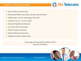 7© GoTelecare 2014-15| All Rights Reserved Private & Confidential
PRODUCT CAPABILITIES SUMMARY
→ Secure Video Conferencing
→ Web-based EMR, nationwide eScripts and Lab Orders
→ Mobile App in iTunes and Google Play store
→ mHealth Launch - Summer 2015
→ Payment Eligibility Verification
→ Insurance Claim Processing
→ Patient Copay Processing
→ Medical Billing & Collections
→ Medical Provider Credentialing
Technology & Processesfully HIPAA and PCI
Payment Compliant
 