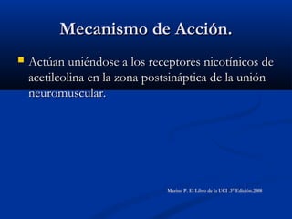 Mecanismo de Acción.Mecanismo de Acción.
 Actúan uniéndose a los receptores nicotínicos deActúan uniéndose a los receptores nicotínicos de
acetilcolina en la zona postsináptica de la uniónacetilcolina en la zona postsináptica de la unión
neuromuscular.neuromuscular.
Marino P. El Libro de la UCI .3° Edición.2008Marino P. El Libro de la UCI .3° Edición.2008
 