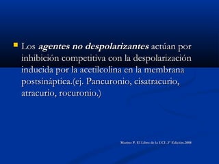 LosLos agentes no despolarizantesagentes no despolarizantes actúan poractúan por
inhibición competitiva con la despolarizacióninhibición competitiva con la despolarización
inducida por la acetilcolina en la membranainducida por la acetilcolina en la membrana
postsináptica.(ej. Pancuronio, cisatracurio,postsináptica.(ej. Pancuronio, cisatracurio,
atracurio, rocuronio.)atracurio, rocuronio.)
Marino P. El Libro de la UCI .3° Edición.2008Marino P. El Libro de la UCI .3° Edición.2008
 