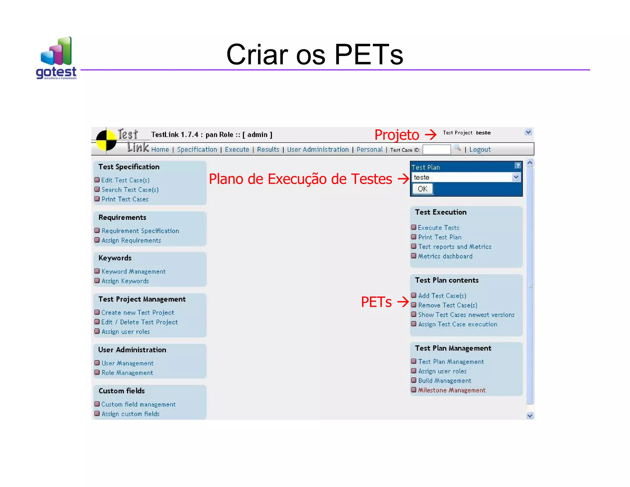 Criar os PETs
PETs 
Projeto 
Plano de Execução de Testes 
 