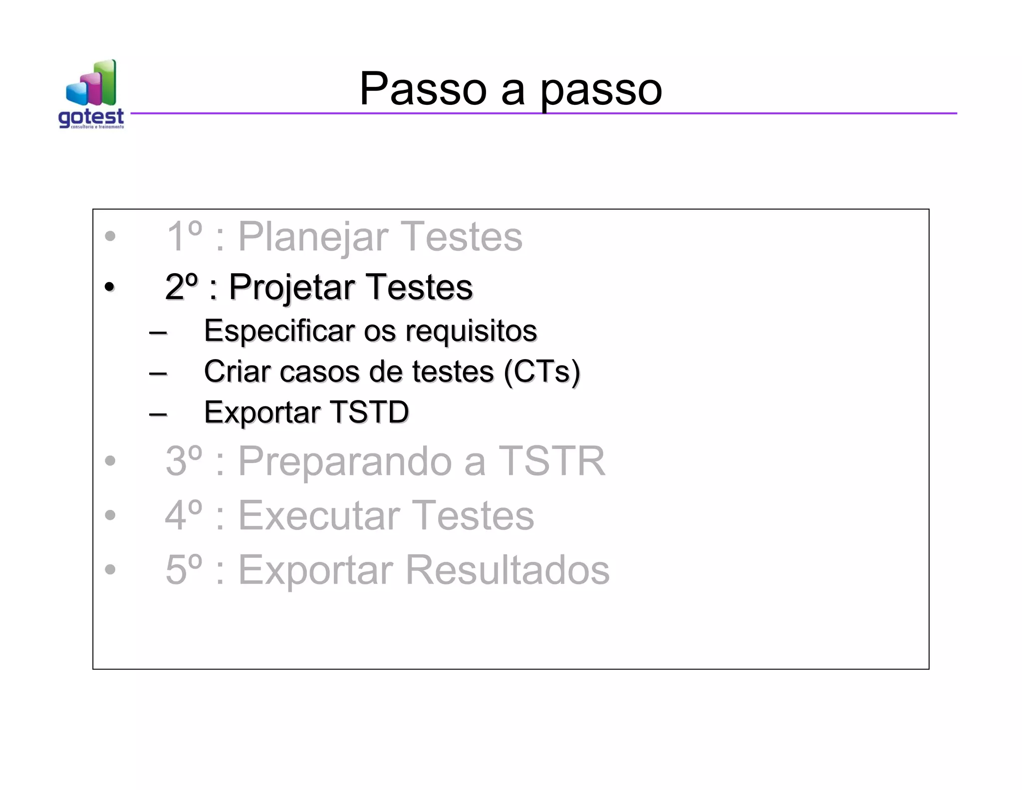 Passo a passo
• 1º : Planejar Testes
•
• 2
2º
º : Projetar Testes
: Projetar Testes
–
– Especificar os requisitos
Especificar os requisitos
–
– Criar casos de testes (
Criar casos de testes (CTs
CTs)
)
–
– Exportar TSTD
Exportar TSTD
• 3º : Preparando a TSTR
• 4º : Executar Testes
• 5º : Exportar Resultados
 