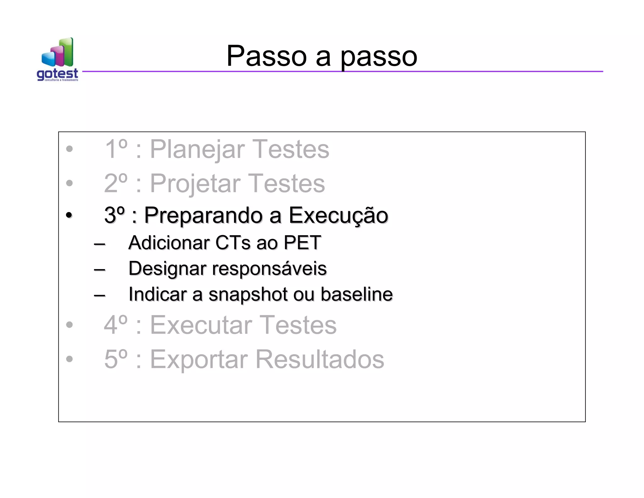 Passo a passo
• 1º : Planejar Testes
• 2º : Projetar Testes
•
• 3
3º
º : Preparando a Execu
: Preparando a Execuç
ção
ão
–
– Adicionar
Adicionar CTs
CTs ao PET
ao PET
–
– Designar respons
Designar responsá
áveis
veis
–
– Indicar a snapshot ou
Indicar a snapshot ou baseline
baseline
• 4º : Executar Testes
• 5º : Exportar Resultados
 