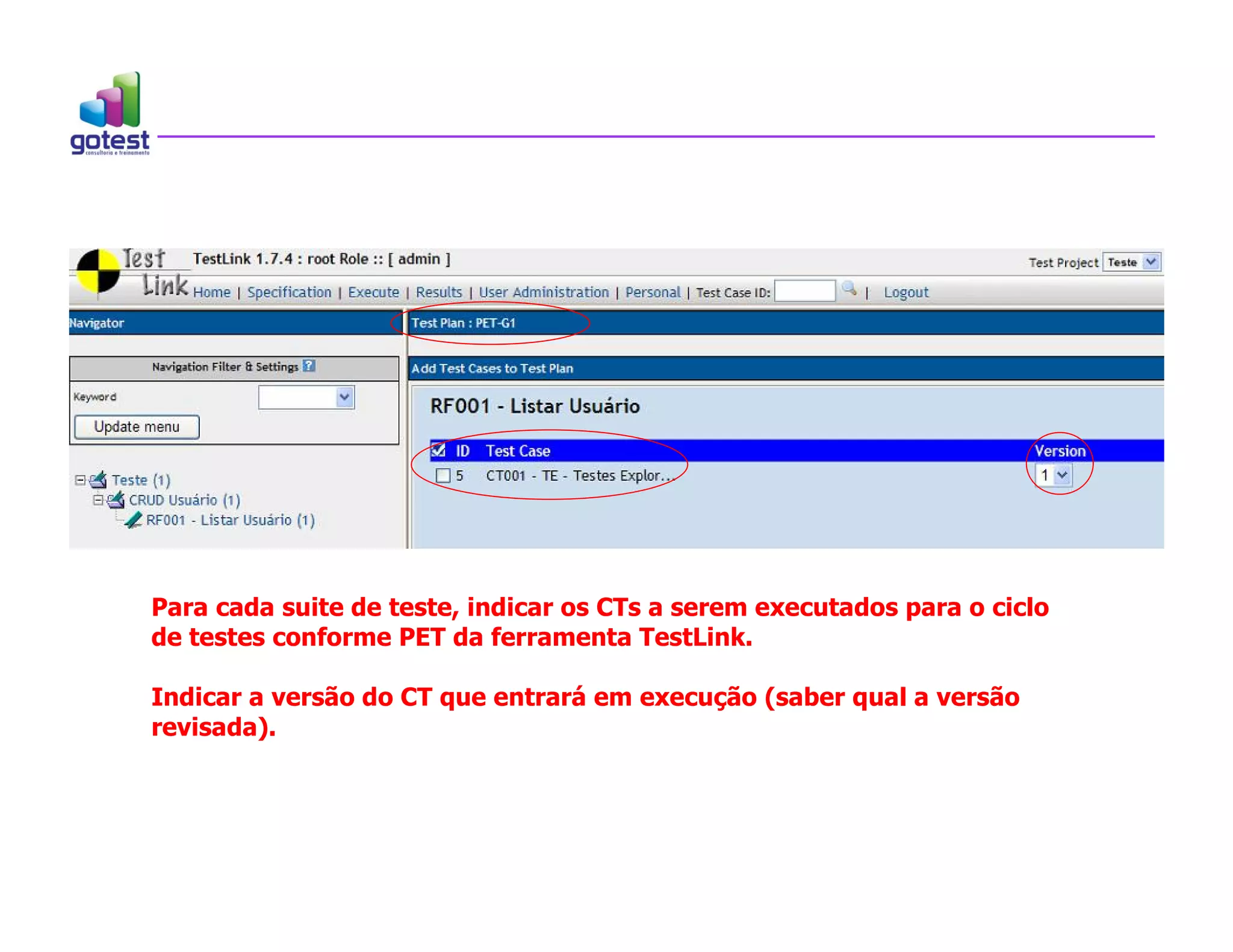 Para cada suite de teste, indicar os CTs a serem executados para o ciclo
de testes conforme PET da ferramenta TestLink.
Indicar a versão do CT que entrará em execução (saber qual a versão
revisada).
 