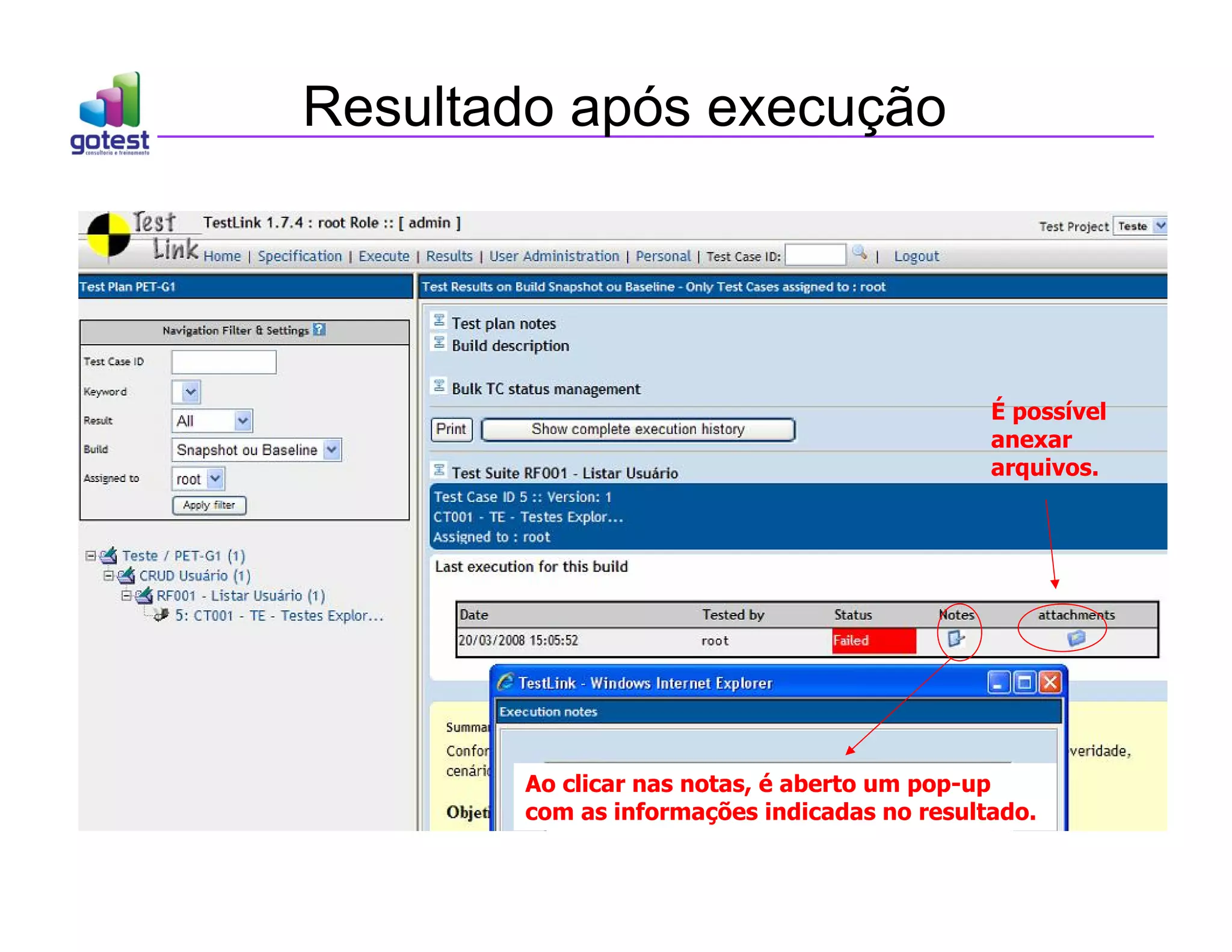Ao clicar nas notas, é aberto um pop-up
com as informações indicadas no resultado.
É possível
anexar
arquivos.
Resultado após execução
 