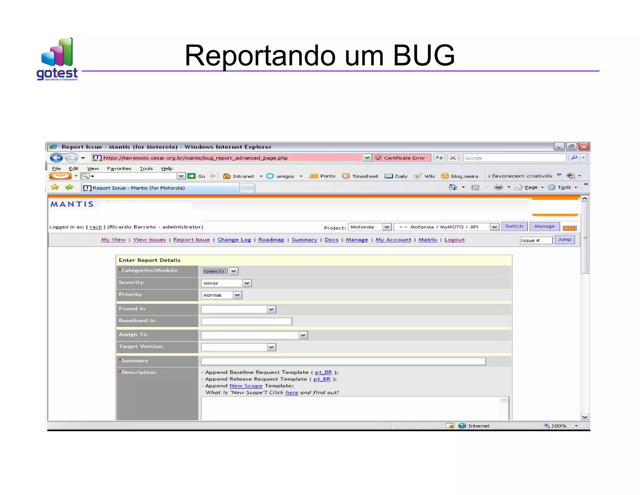 Reportando um BUG
 