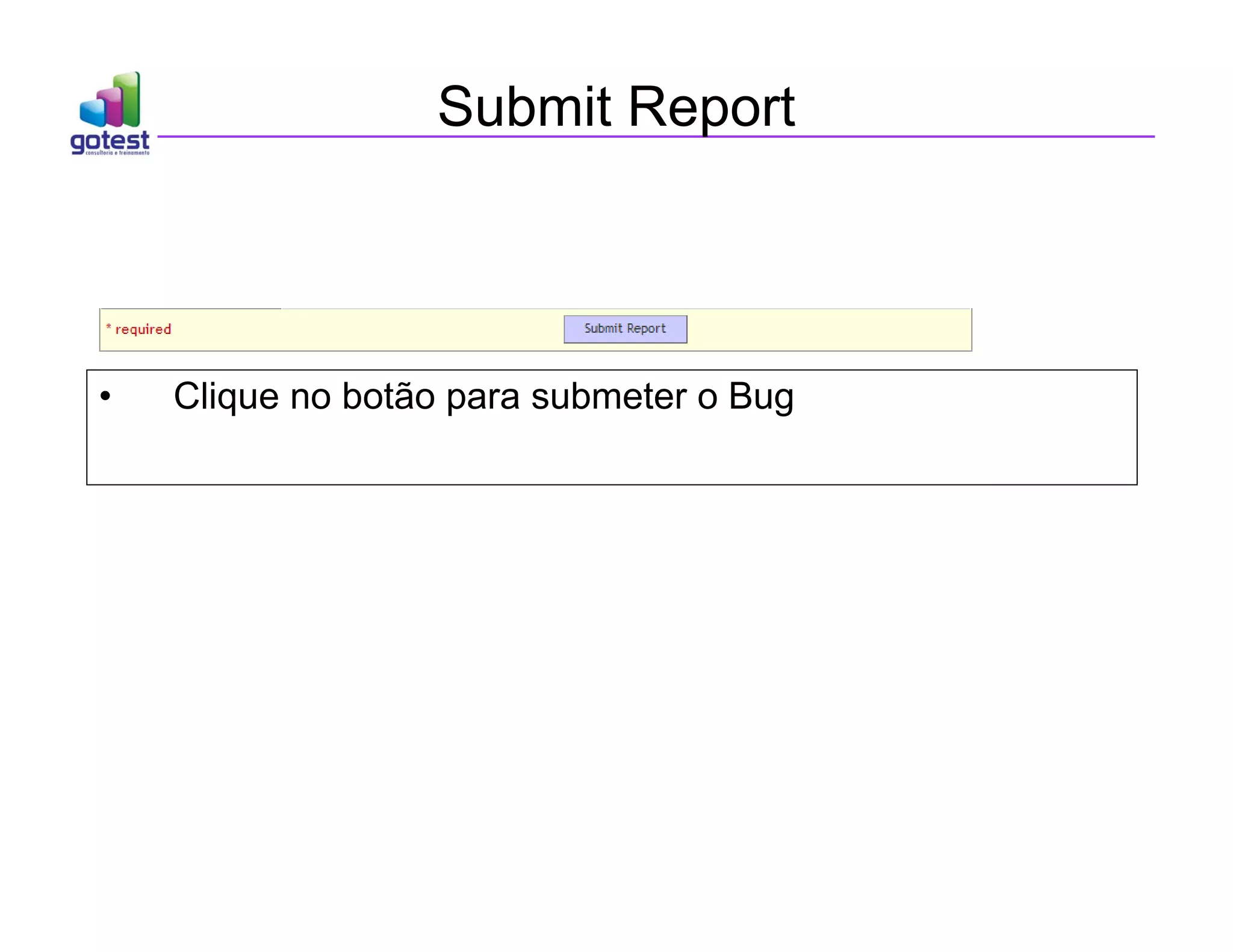 Submit Report
• Clique no botão para submeter o Bug
 