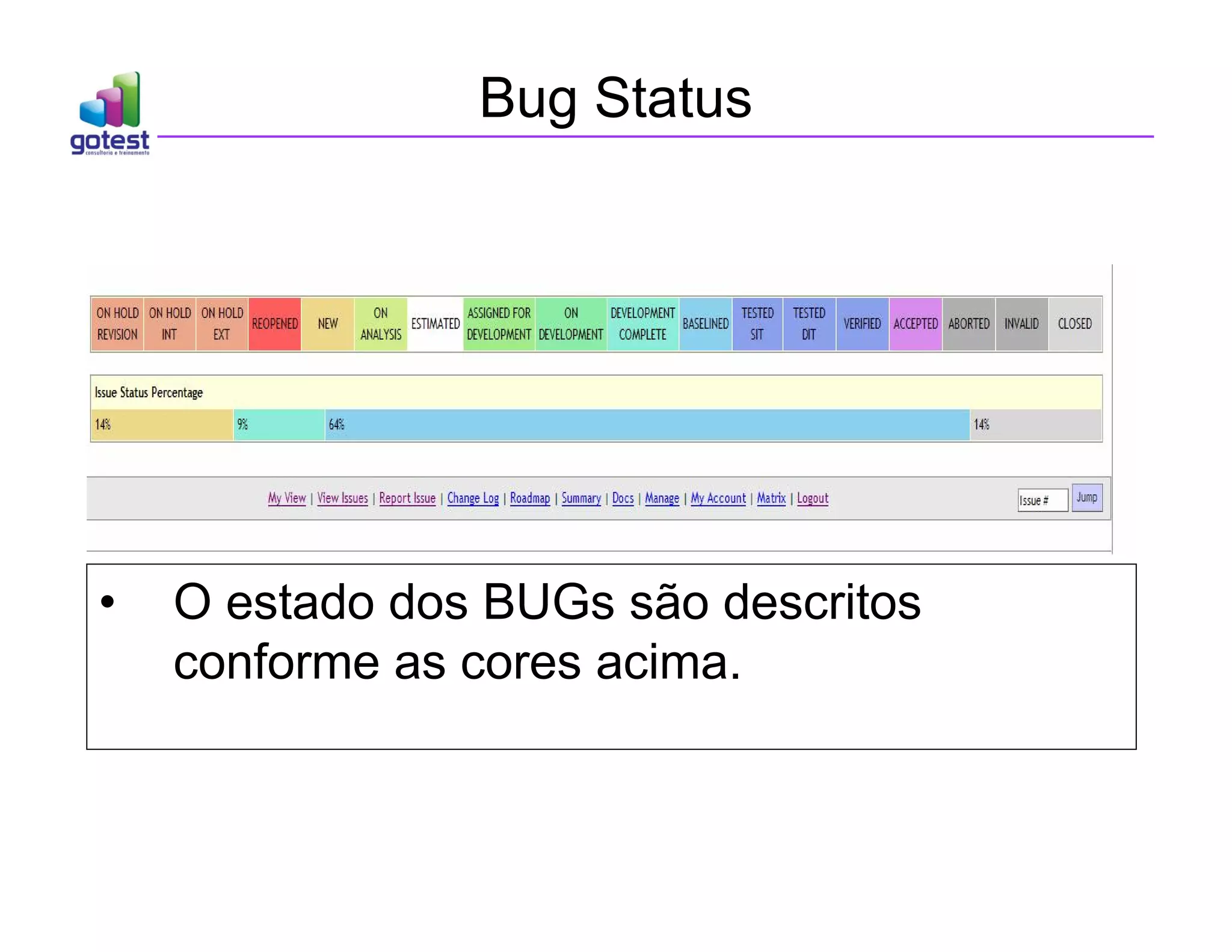 Bug Status
• O estado dos BUGs são descritos
conforme as cores acima.
 