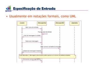 Especificação de Entrada
Especificação de Entrada
• Usualmente em notações formais, como UML
 