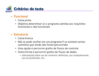 Critérios de teste
Critérios de teste
 