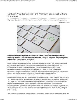September 19, 2019
Gothaer Privathaftpﬂicht-Tarif Premium überzeugt Stiftung
Warentest
proexpert24.de/gothaer/2019/09/19/g...
