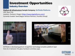 Investment Opportunities
Industry Overview
21
Platform & Infrastructure Sample Company: OnTheGo Platforms
CEO: Ryan Fink
Location: Portland, Oregon (https://www.otgplatforms.com/)
Currently Funded: Seed (Rogue Venture Partners, Foundry Group)
OnTheGo is developing gesture recognition technology to build a platform layer
that sits in between the glass hardware and Glass apps.
 