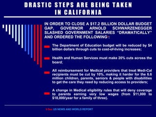 D R A S T I C  S T E P S  A R E  B E I N G  T A K E N I N  C A L I F O R N I A IN ORDER TO CLOSE A $17.2 BILLION DOLLAR BUDGET GAP, GOVERNOR ARNOLD SCHWARZENEGGER SLASHED GOVERNMENT SALARIES “DRAMATICALLY” AND ORDERED THE FOLLOWING 9 : The Department of Education budget will be reduced by $4 billion dollars through cuts to cost-of-living increases; Health and Human Services must make 20% cuts across the board ; All reimbursement for Medical providers that treat Medi-Cal recipients must be cut by 10%, making it harder for the 6.6 million children, parents, seniors & people with disabilities to get the care they need by reducing access to providers; A change in Medical eligibility rules that will deny coverage to parents earning very low wages (from $11,000 to $18,000/year for a family of three). 9 See  US NEWS AND WORLD REPORT 