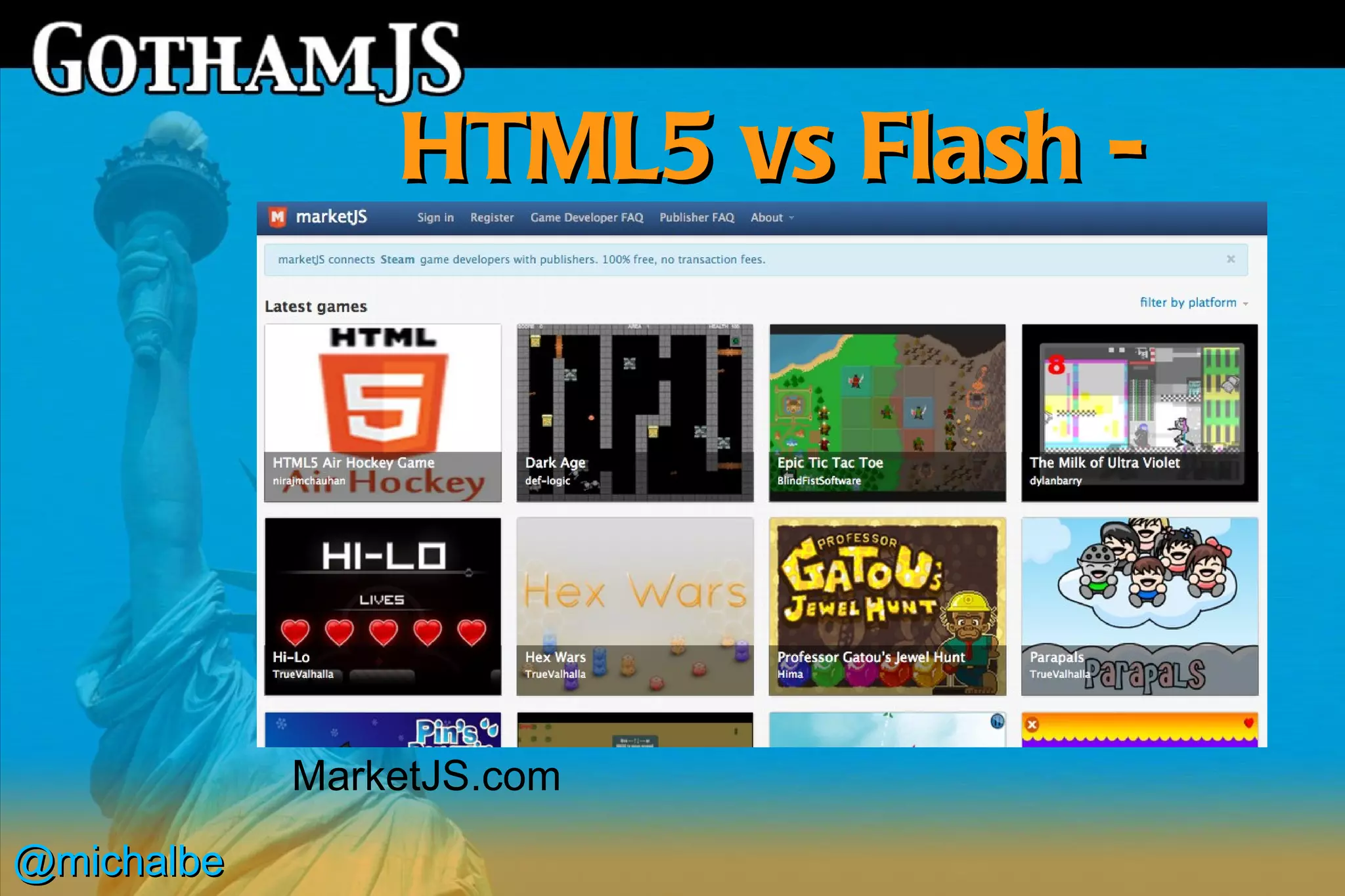 HTML5 vs Flash -
                   services




            MarketJS.com

@michalbe
 