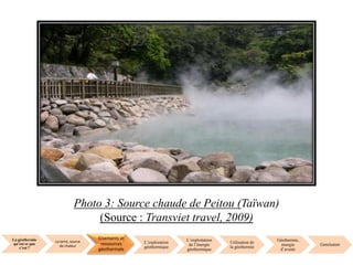 La géothermie
qu’est ce que
c’est ?
La terre, source
de chaleur
Gisements et
ressources
géothermale
L’exploration
géothermique
L’exploitation
de l’énergie
géothermique
Utilisation de
la géothermie
Géothermie,
énergie
d’avenir
Conclusion
Photo 3: Source chaude de Peitou (Taïwan)
(Source : Transviet travel, 2009)
 