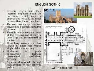 ENGLISH GOTHIC
• Extreme length, and their
internal emphasis upon the
horizontal, which may be
emphasized visually as much
or more than the vertical lines.
• The west front may have two
towers like a French cathedral,
or none.
• There is nearly always a tower
at the crossing and it may be
very large and surmounted by
a spire.
• Plan- long, narrow and low,
length 6 times the width,
single aisles, ambulatory
• Moderate in pitch,
approaching flatness,
ornamental roofs.-Lead
covering
• Arcades developed through
high pointed to four centered
arches. WELLS CATHEDRAL
 