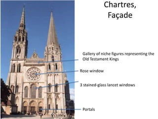 Chartres, 
Façade 
Gallery of niche figures representing the 
Old Testament Kings 
Rose window 
3 stained-glass lancet windows 
Portals 
 