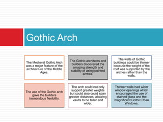 Gothic Arch
                                                              The walls of Gothic
                             The Gothic architects and
The Medieval Gothic Arch                                   buildings could be thinner
                              builders discovered the
was a major feature of the                                 because the weight of the
                               amazing strength and
architecture of the Middle                                 roof was supported by the
                              stability of using pointed
          Ages.                                              arches rather than the
                                        arches.
                                                                     walls.


                               The arch could not only     Thinner walls had wider
                              support greater weights      window openings which
The use of the Gothic arch
                             but could also could span      encouraged the use of
     gave the builders
                             greater distances, allowing    stained glass and the
  tremendous flexibility.
                                vaults to be taller and    magnificent Gothic Rose
                                         wider.                   Windows.
 