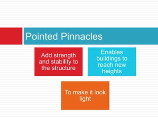 Pointed Pinnacles
                        Enables
   Add strength
                       buildings to
  and stability to
                       reach new
   the structure
                         heights


            To make it look
                light
 
