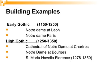 Building Examples
Early Gothic (1150-1250)
 Notre dame at Laon
 Notre dame Paris
High Gothic (1250-1350)
 Cathedral of Notre Dame at Chartres
 Notre Dame at Bourges
 S. Maria Novella Florence (1278-1350)
 