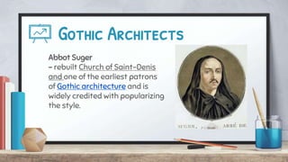 Gothic Architects
Abbot Suger
- rebuilt Church of Saint-Denis
and one of the earliest patrons
of Gothic architecture and is
widely credited with popularizing
the style.
 