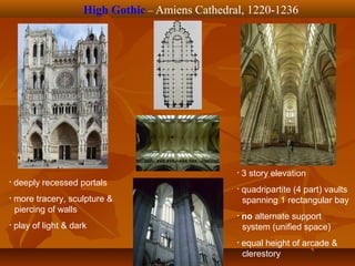 High Gothic – Amiens Cathedral, 1220-1236
• 3 story elevation
• quadripartite (4 part) vaults
spanning 1 rectangular bay
• no alternate support
system (unified space)
• equal height of arcade &
clerestory
• deeply recessed portals
• more tracery, sculpture &
piercing of walls
• play of light & dark
 