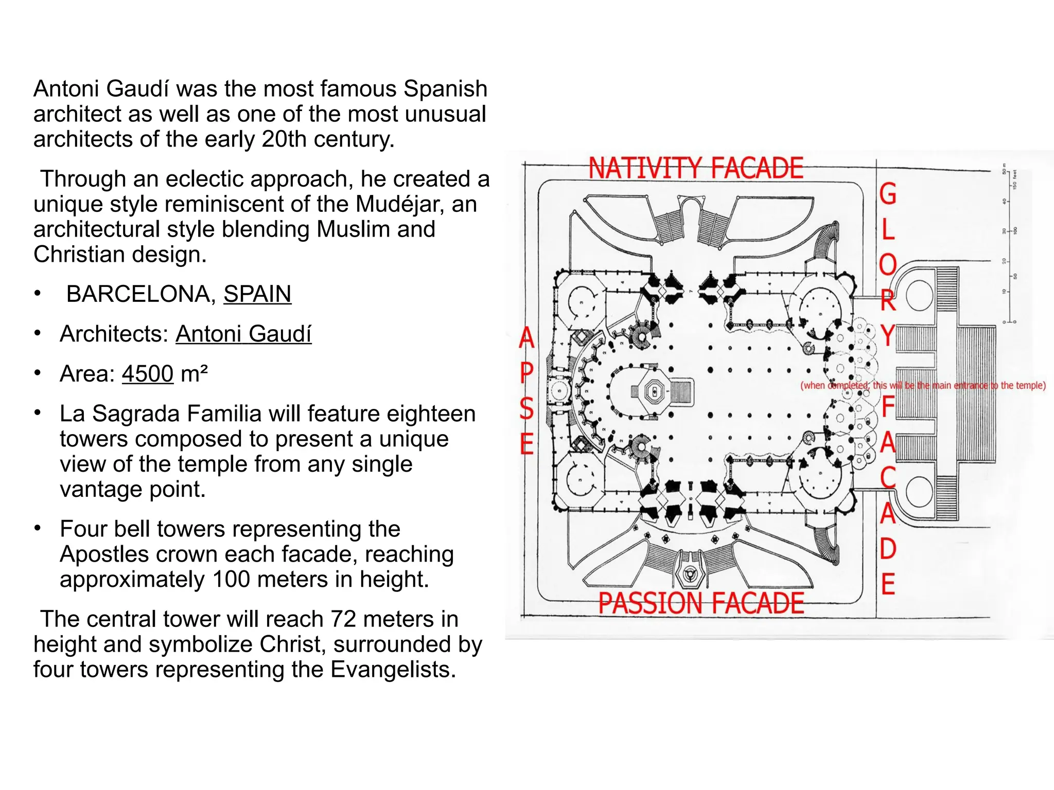 Antoni Gaudí was the most famous Spanish
architect as well as one of the most unusual
architects of the early 20th century.
Through an eclectic approach, he created a
unique style reminiscent of the Mudéjar, an
architectural style blending Muslim and
Christian design.
• BARCELONA, SPAIN
• Architects: Antoni Gaudí
• Area: 4500 m²
• La Sagrada Familia will feature eighteen
towers composed to present a unique
view of the temple from any single
vantage point.
• Four bell towers representing the
Apostles crown each facade, reaching
approximately 100 meters in height.
The central tower will reach 72 meters in
height and symbolize Christ, surrounded by
four towers representing the Evangelists.
 