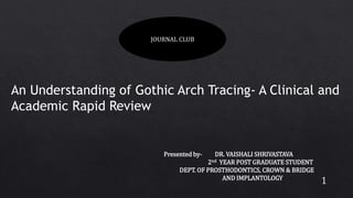 1
An Understanding of Gothic Arch Tracing- A Clinical and
Academic Rapid Review
Presented by- DR. VAISHALI SHRIVASTAVA
2nd YEAR POST GRADUATE STUDENT
DEPT. OF PROSTHODONTICS, CROWN & BRIDGE
AND IMPLANTOLOGY
JOURNAL CLUB
 