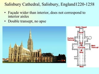 Salisbury Cathedral, Salisbury, England1220-1258 Façade wider than interior, does not correspond to interior aisles Double transept, no apse 