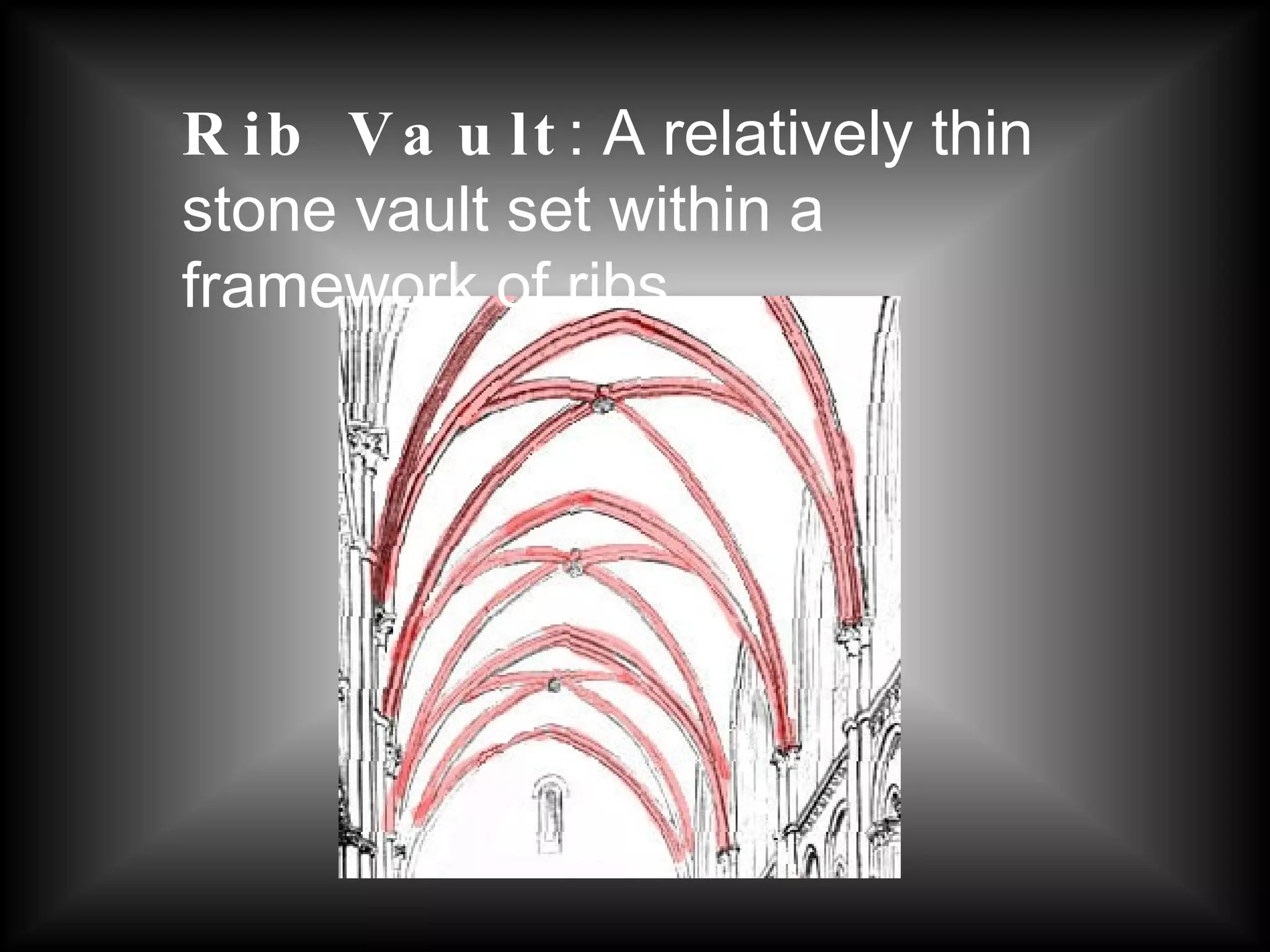 Rib Vault : A relatively thin stone vault set within a framework of ribs. 