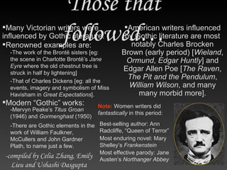 Many Victorian writers were influenced by Gothic literature.  American writers influenced by Gothic literature are most notably Charles Brocken Brown (early period) [ Wieland ,  Ormund ,  Edgar Huntly ] and Edgar Allen Poe [ The Raven ,  The Pit and the Pendulum ,  William Wilson , and many many morbid more]. Those that followed… Renowned examples are: -The work of the Bront ë  sisters [eg: the scene in Charlotte Bront ë ’s  Jane Eyre  where the old chestnut tree is struck in half by lightening] -That of Charles Dickens [eg: all the events, imagery and symbolism of Miss Havisham in  Great Expectations ]. Modern “Gothic” works: -Mervyn Peake’s  Titus Groan  (1946) and  Gormenghast  (1950) -There are Gothic elements in the work of William Faulkner, McCullers and John Gardner Plath, to name just a few. Note:  Women writers did  fantastically  in this period: Best-selling author: Ann Radcliffe, “Queen of Terror” Most enduring novel: Mary Shelley’s  Frankenstein Most effective parody: Jane Austen’s  Northanger Abbey -compiled by Celia Zhang, Emily Lieu and Ushashi Dasgupta 