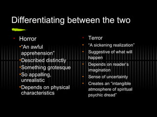 Differentiating between the two
• Horror
•“An awful
apprehension”
•Described distinctly
•Something grotesque
•So appalling,
unrealistic
•Depends on physical
characteristics
• Terror
• “A sickening realization”
• Suggestive of what will
happen
• Depends on reader’s
imagination
• Sense of uncertainty
• Creates an “intangible
atmosphere of spiritual
psychic dread”
 