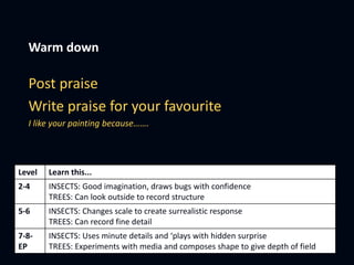 Warm down
Post praise
Write praise for your favourite
I like your painting because…….
Level Learn this...
2-4 INSECTS: Good imagination, draws bugs with confidence
TREES: Can look outside to record structure
5-6 INSECTS: Changes scale to create surrealistic response
TREES: Can record fine detail
7-8-
EP
INSECTS: Uses minute details and ‘plays with hidden surprise
TREES: Experiments with media and composes shape to give depth of field
 