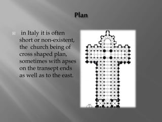  in Italy it is often
short or non-existent,
the church being of
cross shaped plan,
sometimes with apses
on the transept ends
as well as to the east.
 