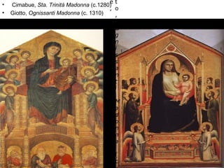 • Cimabue, Sta. Trinità Madonna (c.1280)
• Giotto, Ognissanti Madonna (c. 1310)
e
,
 
S
t
a
.
T
r
i
n
i
t
à
M
a
d
o
n
n
a
 
(
t
o
,
 
O
g
n
i
s
s
a
n
t
i
M
a
d
o
n
n
a
 
(
c
 